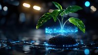 Young green plant growing in glowing blue soil container against dark background with water drops and bokeh lights, symbolizing innovation and growth.