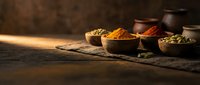 Aromatic spices in rustic wooden bowls on dark textured surface with warm dramatic lighting, copy space for culinary and food design.