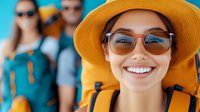 Young Asian woman wearing sunglasses and straw hat smiling with bright white teeth while traveling with friends, backpack adventure lifestyle outdoors in summer.