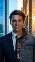 Young Caucasian businessman in suit and denim jacket standing confidently in urban downtown district with modern skyscrapers and brick buildings at sunset.