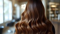 Back view of woman with long wavy brunette hair with caramel highlights in salon setting, showcasing professional styling result.
