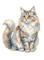Long-haired tabby cat with fluffy coat and bushy tail, isolated on white background. Watercolor style illustration suitable for pet-related designs, greeting cards, and apparel printing.