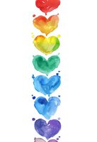 Vibrant watercolor rainbow hearts arranged vertically on white background, with splatter effects and gradient transitions from red through purple, creating a cheerful pattern.