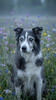 Border collie dog sitting in wildflower meadow with colorful blooms. Pet portrait in natural outdoor setting with soft bokeh background for animal lovers.