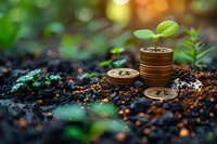 Small green plant growing from stack of coins on soil with bokeh background, representing sustainable financial growth and green investment concept.