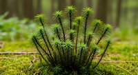 Young green moss sporophytes growing in forest floor with spiky capsules and stems creating natural botanical pattern in woodland environment.