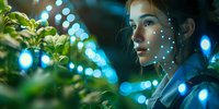 Young Asian woman with facial recognition dots in night garden setting with bokeh lights, perfect for technology, AI, biometric security and digital innovation concepts.