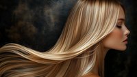 Young woman with flowing blonde hair against dark background, profile view showing smooth, silky hair movement and professional salon styling results.