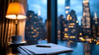 Evening cityscape view through window with coffee cup, lamp, and documents on desk. Cozy workspace atmosphere with blurred urban lights and skyscrapers backdrop.