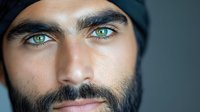 Close up portrait of young Middle Eastern man with striking green eyes and dark beard wearing black beanie, dramatic lighting highlights facial features.