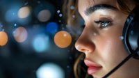Young female customer service representative with headset in dark environment with bokeh lights, side profile showing professional makeup and focused expression.