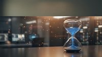 Hourglass with blue sand on wooden desk in modern office environment with warm bokeh lights and professional workspace atmosphere.