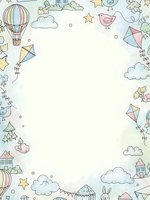 Cute doodle frame with hot air balloons, kites, clouds, stars and houses in pastel colors. Copy space for text, cards, invitations and children designs.