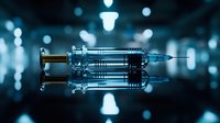 Medical syringe with glass ampoule on dark blue background with bokeh lights, reflective surface shows medical equipment in dramatic lighting.