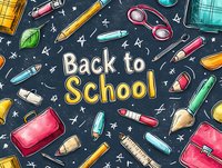 Colorful school supplies pattern with pencils, pens, erasers and text on dark background. Hand drawn educational elements create playful seamless design for stationery.