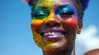 Young African American woman with vibrant rainbow glitter makeup and bright smile against blue sky, radiating joy and creativity for beauty, fashion and pride concepts.