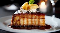 Layered sponge cake with caramel sauce, topped with candied citrus and mint leaf on white plate. Elegant dessert for restaurants, bakeries, cafes, and food blogs.