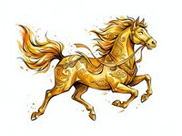 Golden horse with flowing mane and tail, ornate decorative patterns, isolated on white background, suitable for design projects, clipart, and merchandise applications.
