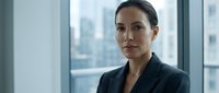 Professional Asian businesswoman in dark suit standing confidently by office windows with city skyline background for corporate presentations.