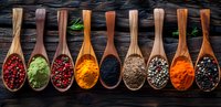 Colorful spices and seasonings in wooden spoons arranged in row on dark rustic background, variety of ground powders and peppercorns for cooking.
