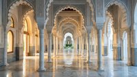 Ornate Islamic architecture interior with marble columns, horseshoe arches and intricate geometric patterns creating elegant corridor perspective for luxury design.