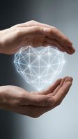 Protective hands surrounding glowing geometric heart network symbolizing care, love protection, digital wellness, healthcare technology and emotional security concepts.
