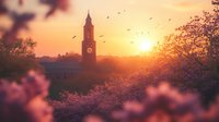 Dreamy spring sunset with church bell tower silhouette among blooming cherry trees, golden sky and flying birds creating magical atmospheric scene.
