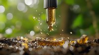 Golden drops of CBD oil falling from dropper with sparkling bokeh effect and natural green background, captured in macro photography with water splash effect.