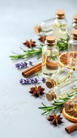 Essential oils in glass bottles with cork stoppers surrounded by aromatic herbs, spices and dried citrus for natural wellness and aromatherapy treatments.