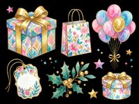 Colorful gift box, shopping bag, balloons, gift tag, holly decoration, and present box isolated on transparent background. Ready for t-shirt design, clipart, stickers, sublimation, and print-on-demand projects.