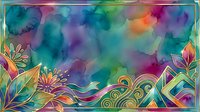 Vibrant watercolor frame with floral and swirl ornaments in teal, purple, and gold tones, copy space for text or greeting card design.