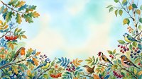 Watercolor illustration of songbirds perched among flowering branches and autumn foliage, ideal for nature-themed designs, greeting cards, and seasonal decorations.