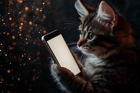 Curious tabby cat holding smartphone with glowing screen against dark background with magical bokeh lights, creating surreal and whimsical atmosphere.