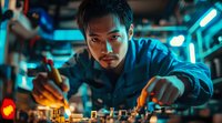 Young Asian male DJ performing at nightclub mixer console with dramatic blue neon lighting creating moody atmospheric entertainment scene.