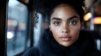 Young African American woman with natural curly hair and striking features gazing thoughtfully through window while riding public transit, soft evening bokeh lights in background.