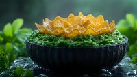 Vibrant yellow flower-shaped crispy snack in black bowl with green herbs, surrounded by fresh leaves and water droplets for food photography.