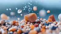 Colorful sea pebbles and stones on beach with water drops and bokeh effect in soft teal tones, macro photography with selective focus and dreamy atmosphere.