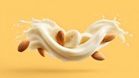 Creamy almond milk splash with whole almonds floating in dynamic swirl motion on warm yellow background for dairy alternative beverage advertising.