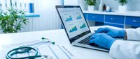 Healthcare professional in blue gloves analyzing medical data on laptop with stethoscope and charts on desk in modern clinical office environment.