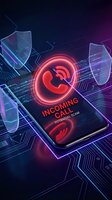Smartphone displaying neon glowing incoming call alert with potential scam warning text, surrounded by digital security shields and circuit board patterns on dark background.