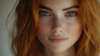 Close up portrait of young redhead woman with freckles and green eyes looking directly at camera against soft natural light background.