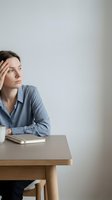 Thoughtful young Caucasian woman in blue shirt sitting at wooden desk with notebook, hand on forehead in contemplative pose against neutral background.