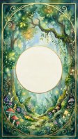 Watercolor enchanted forest frame with blank circle space for text, magical woodland border with mushrooms, flowers and golden ornate details for fairy tale designs.