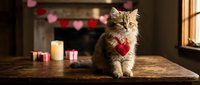 Adorable fluffy kitten with red heart bow tie sitting on wooden table near window with Valentine decorations and candles creating romantic atmosphere.