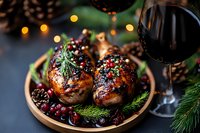 Festive roasted chicken with cranberries and pine branches on wooden plate, red wine glass and holiday bokeh lights in dark moody setting for winter dinner.