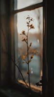 Dried plant stem with withered flowers silhouetted against window light, conveying melancholy and passage of time. Suitable for editorial, wellness, and seasonal design projects.