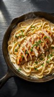 Creamy chicken alfredo pasta with grilled sliced chicken breast and fresh herbs served in cast iron skillet on dark slate background for restaurant menu.