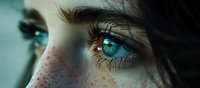 Close up view of bright turquoise eyes and natural freckles across bridge of nose and cheeks, dramatic lighting creates mysterious atmosphere in portrait.