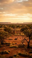 Emu walking through Australian outback landscape at golden hour with red earth, sparse vegetation and distant mesa formations under dramatic sunset sky.