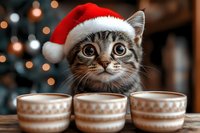 Curious tabby cat in Santa hat peering over ceramic mugs against blurred Christmas lights background, creating cozy holiday atmosphere.